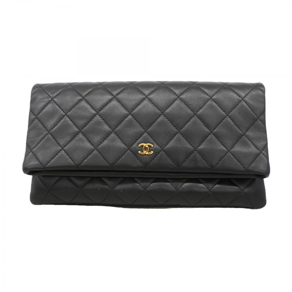 CHANEL Black Lambskin Leather Clutch Bag